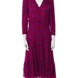 V-neck, purple/pink, floral dress with ruffles